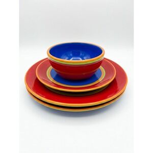 Dansk Handpaints Dinnerware Set 3 Pc Red Blue Striped 2 Plates 1 Bowl Spain